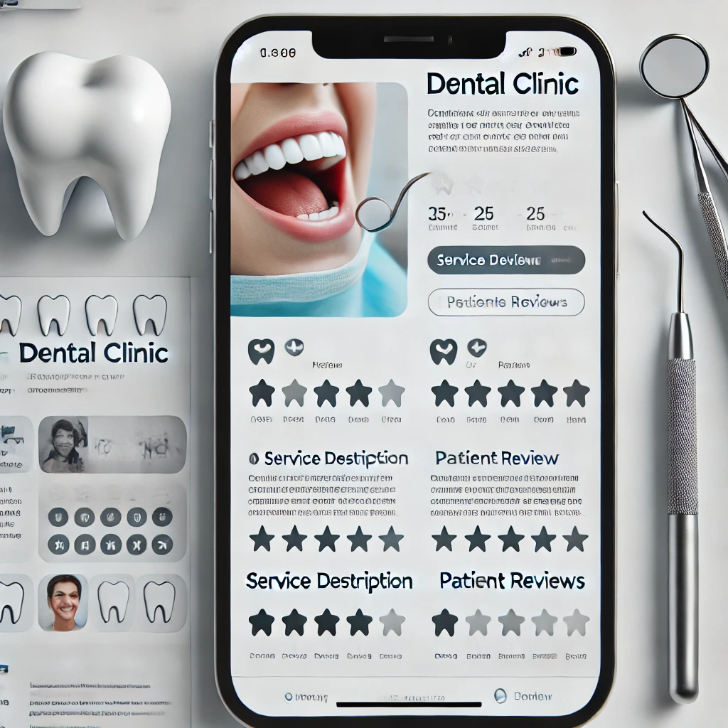 A dental clinic's listing on a healthcare directory, featuring detailed service descriptions, contact information, and patient reviews.