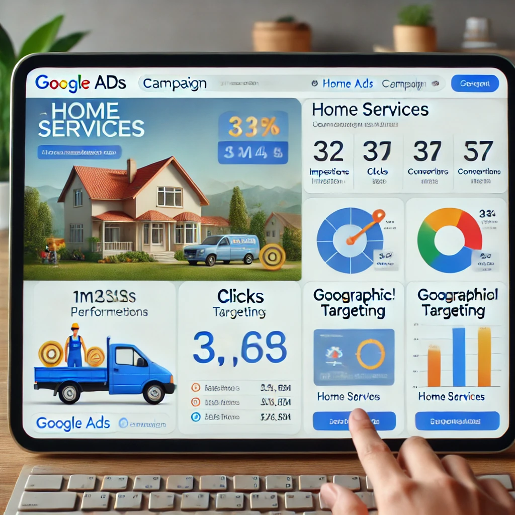 A home services company's Google Ads campaign dashboard, showing ad performance metrics and geographic targeting settings.