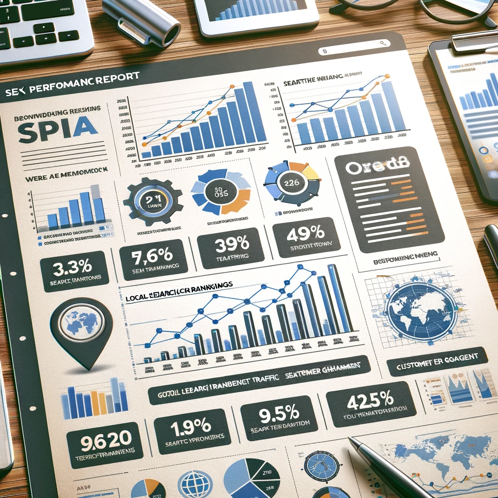An SEO performance report with graphs and charts, highlighting the growth in local search rankings, website traffic, and customer engagement for a business.