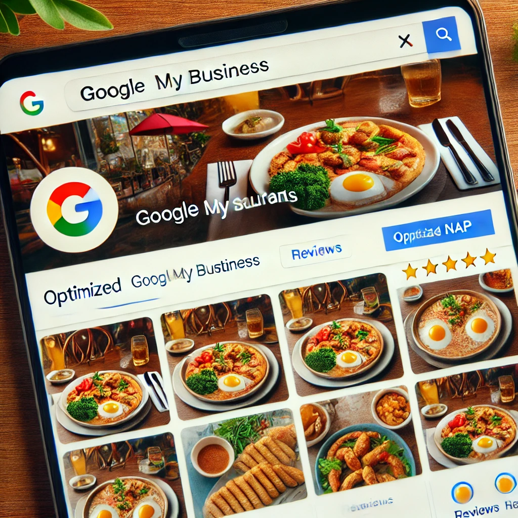 A local restaurant's optimized Google My Business profile showing accurate NAP information, high-quality photos, and positive reviews