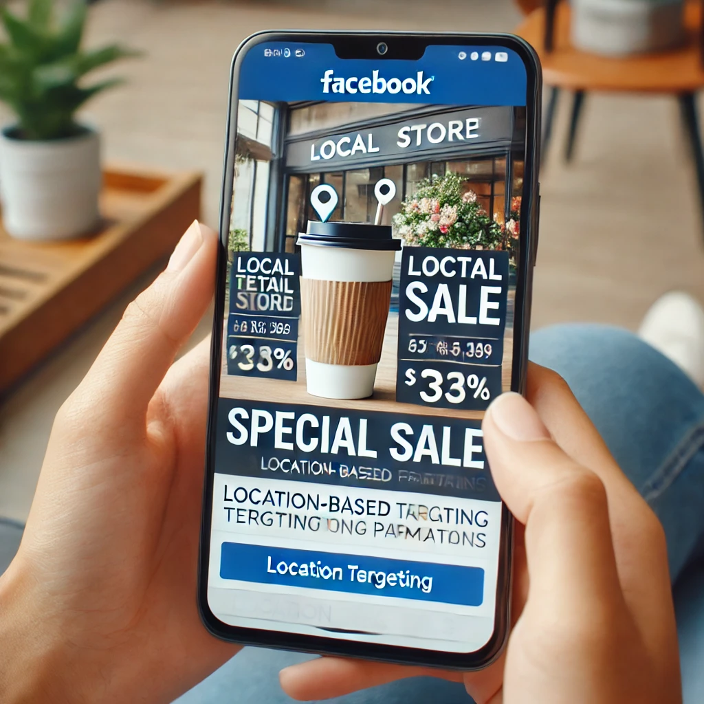 A local retail store's targeted Facebook ad promoting a special sale, with location-based targeting parameters visible on the scree